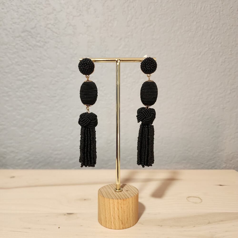 Baublebar Black Beaded Tassel Drop Statement Earrings NWT Boho Coastal